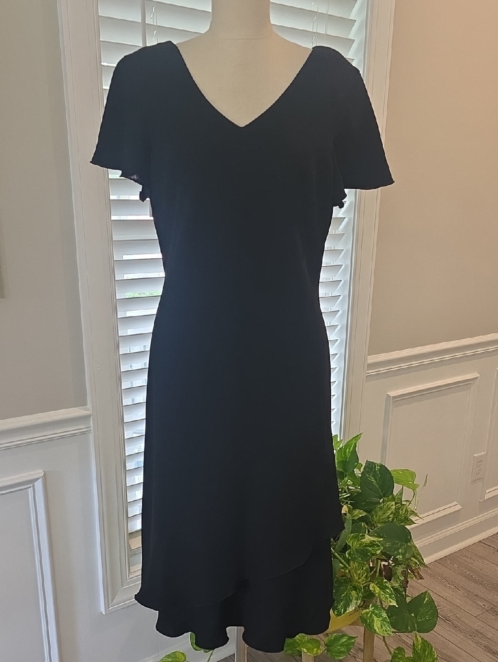 SL Fashions Black V-Neck Midi Dress with Flutter Sleeves